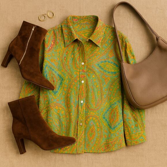 Lauren Ralph Lauren Button Down Shirt Boho Paisley Green Cotton 1X - Picture 2 of 11